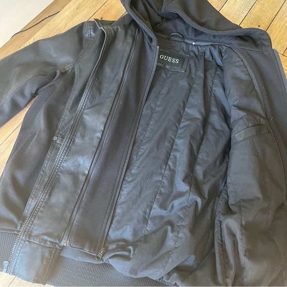 GUESS Motorcycle Jacket -Faux-Leather Detachable-Hood Size Large Men’s - Picture 9 of 15
